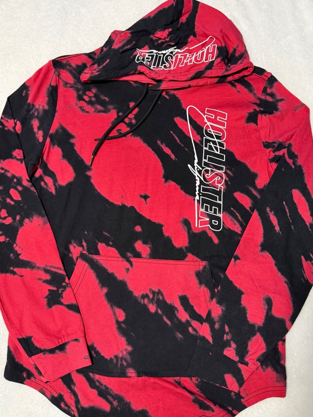 New Men Hollister Red Black Tie-Dye Pullover Hoodie Long Sleeve Tee Size Small